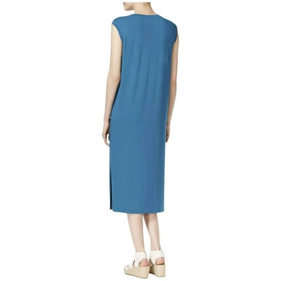 EILEEN FISHER Jewel Blue Stretch Viscose Jersey Cap Sleeve Shift Midi Dress, S/P - Picture 2 of 8